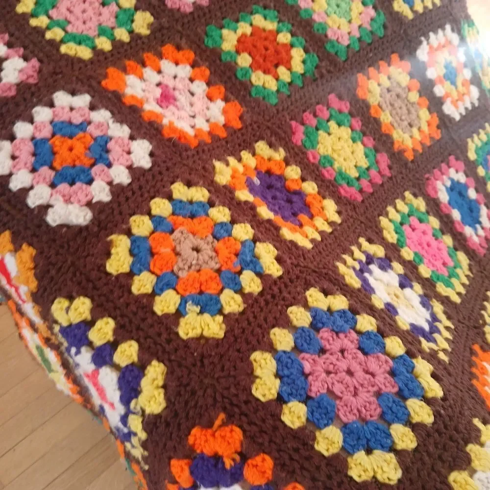 Vintage 70's Handmade Blanket Granny Square Farmhouse Multi-Color Crochet Unique